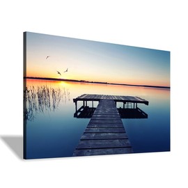 lake wall art pier picture: scenic nature canvas wall art lake scene artwork dock scenery wall decor painting - sunset landscape prints for bedroom house 16"x11"