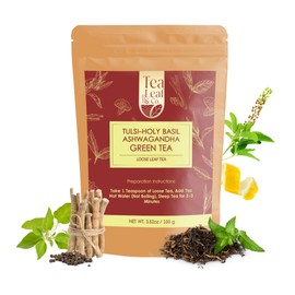 Tealeaf & Co. Tulsi Holy Basil Ashwagandha Green Tea Loose Leaf with Lemon Peel, Lemongrass & Black Pepper - Tulsi Tea with Fresh Herbs and Spices - 50 Servings, Gluten Free (3.52oz/100gm)