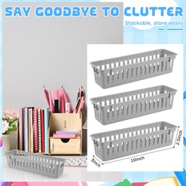 wlilupah 12 Pcs Gray Slim Plastic Storage Baskets Tray 10 x 3 x 2.5 Inch Compact Stackable Desk Organizer for Office, Classroom, School Supplies, and Home Storage, Organization(Gray)