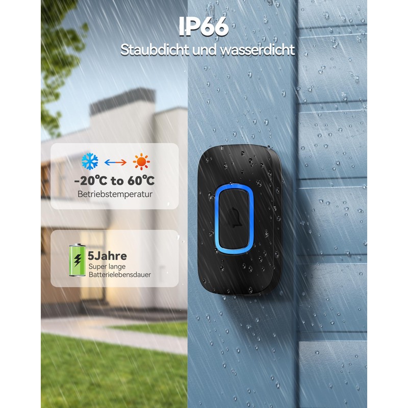 TECKNET Wireless Bell, 400 m Wireless Range Doorbell Set with