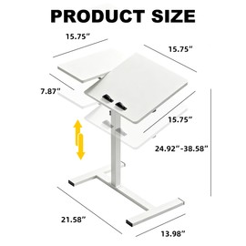Saifu Adjustable Overbed Table, 23.6"x15.8", Height 25"-38.6", White