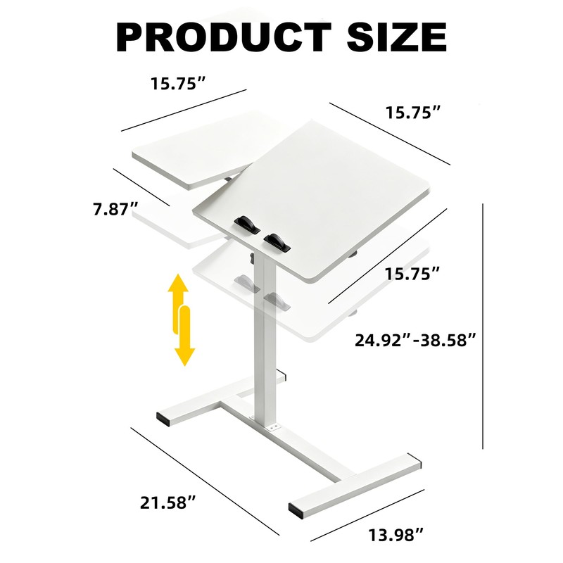 Saifu Adjustable Overbed Table, 23.6"x15.8", Height 25"-38.6", White