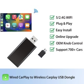 Wireless CarPlay USB Dongle Adapter Fastest and Compact Factory Wired CarPlay Cars USB-A or USB-C Wired CarPlay (T333A)
