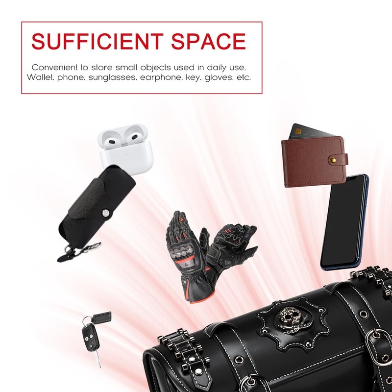 Achilioson Motorcycle Tool Bag, Black PU Leather with Skull Design,