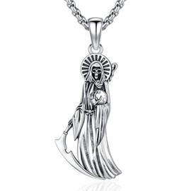 AUDINCEED Santa Muerte Necklace for Men Women 925 Sterling Silver Santa Muerte Pendant Grim Reaper Necklace Death Necklace Religious Amulet Jewelry Gifts