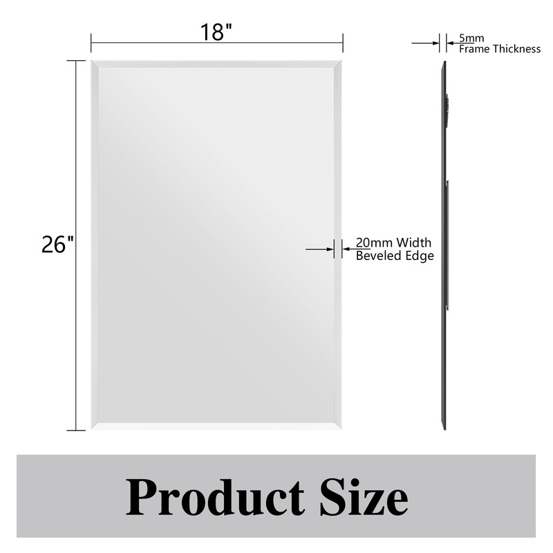Frameless Bathroom Mirror, 18" x 26" Beveled Wall Mirror