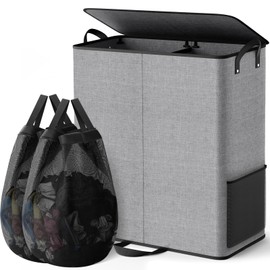 SmartTrends Large Double Laundry Hamper with Lid, Removable Bags & Reinforced Handles, 2 Section Tall Laundry Basket, Dirty Clothes Hampers for Laundry Room, Bedroom, Bathroom, Dorm, 155L, Gray