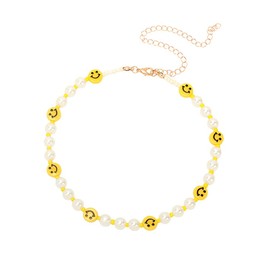 Herbests Boho Pearl Necklace for Women, Colourful Pearl Necklace Vintage Handmade Smiley Face Beads Necklace Adjustable Short Pearl Necklaces Beach Jewellery for Women and Girls