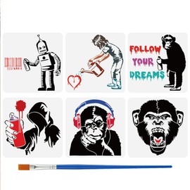 FINGERINSPIRE Bansky Graffiti Stencils 30 x 30 cm with Bamboo Brush Chimpanzee Monkey Robot Human Graffiti Stencils Headphones Kettle Heart Templates Banksy Theme Stencils Pack of 6