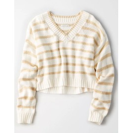 American Eagle Striped V-Neck Crop Pullover Beige Tan Sweater XX-Large XXL NWT