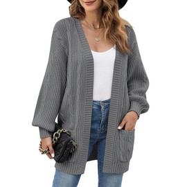 QIANSIQIANBO Women's Cable Knit Cardigan Sweaters Open Front Long Sleeve Oversized Cardigans Soft with Pockets Outerwear (L) Charcoal