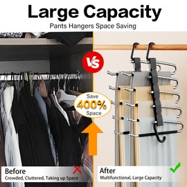 Pants Hangers Space Saving - 2 Pack Closet Organizer and Storage Jean Hangers, Stainless Steel Anti-Slip Clothes Hanger Scarf Holder for Pants Jeans Leggings Trousers Pant Rack, Black