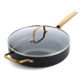 Blue Diamond 4QT Saute Pan with Lid, Non Toxic Induction PFAS-Free Diamond Ceramic Nonstick, Dishwasher & Oven Safe, Metal Utensil Safe, Gold Handle & Helper Handle, Jumbo Skillet, Glass Lid, Black