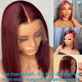 100% Human Hair Bob Wig - Natural Burgundy Short Style, Fluffy & Face-Slimming, 13x4 HD Lace Front Bob Wig Human Hair Comfortable Breathable, Heat-Stylable & Easy Care 200% Density