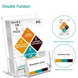 A5 Leaflet Holder with Business Card Holder, Crystal Clear Acrylic Brochure Holder 2 Pack, Freestanding Menu Flyer Perspex Display Sands for Magazine Business Card Literature Pamphlet Booklets Menu