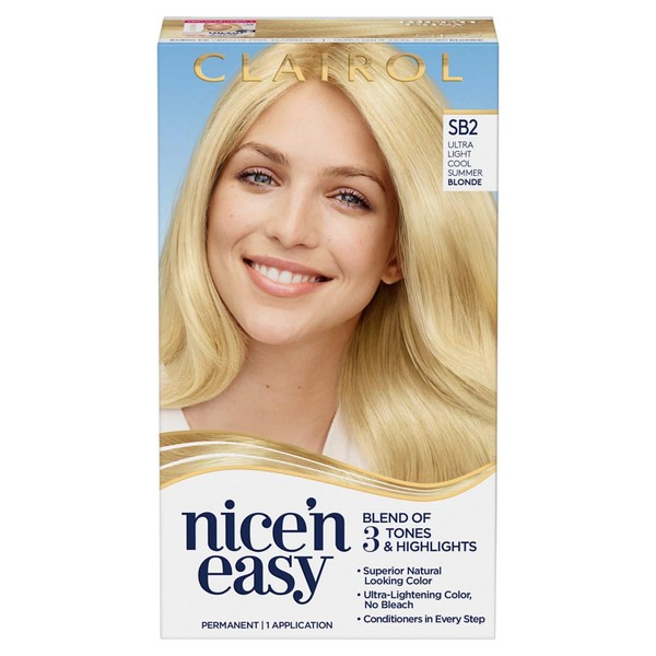 Clairol Nice'n Easy Permanent Hair Dye, SB2 Ultra Light Cool Blonde Hair Color, 1 Count