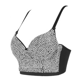 VEENDEO Women's Bustier Crop Top Mesh Corset Top Push up Rhinestone Diamond Bra Club Party Vest