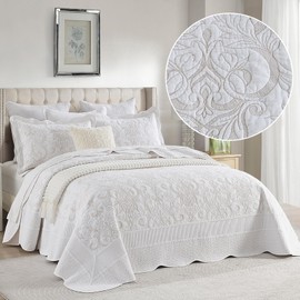 SahSahCasa 100% Cotton 120"x120" Bedspread, Oversized California King Bedspread Coverlet Quilt Set, Cal King Quilted Bedspread Extra Large Quilt, Embroidery Bedding Lightweight Comforter,White/Orange