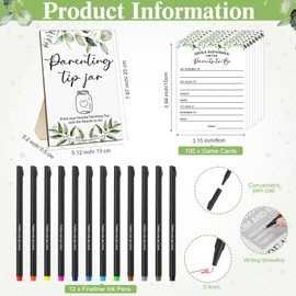 Spakon 114 Pcs Baby Shower Games Prizes Advice Baby Shower to Baby Parenting Tip Jar Sign for New Parents 100 Advice Cards 12 Ink Pens1 Baby Shower Wooden Sign 1 Pet Bottle for Guests(Greenery)