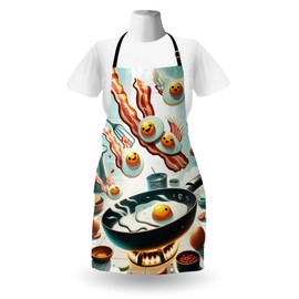 Ambesonne Breakfast Apron, Kawaii Style Happy Smiling Eggs and Bacon Flying Over a Pan Cooking, Unisex Kitchen Bib with Adjustable Neck for Cooking Gardening, Adult Size, Orange Seafoam Dark Teal