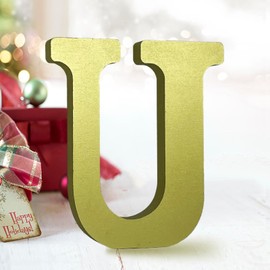 AOCEAN 6 Inch Golden Wood Letters Unfinished Wooden Letters for Wall Decor Decorative Standing Letters Slices Sign Board for Crafts Christmas Decoration Home Party Projects (U)