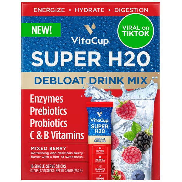 VitaCup Super H2O: Sobres de Mezcla para Alivio de Inflamación y Salud Digestiva, Probióticos, Prebióticos, Vitaminas C & B, Sabor a Bayas Mixtas, 16 Sobres