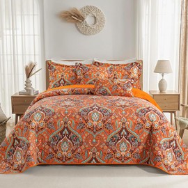 VAPUTAR Cotton Quilts Queen Size, Queen Quilt Bedding Set with Bohemian Damask Pattern-3 Pieces Lightweight Soft Bedspread Queen Size Coverlet (90 * 98 in) Suitable for All Season (Light Orange)
