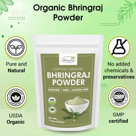 hennaco Organic Bhringraj Powder| Bhringraj Hair Mask Powder | Resealable Zip Lock Pouch | USDA Organic| Bhringraj Powder for Hair | Pure & Natural Natural Hair Conditioner | 114 Grams (4 OZ)