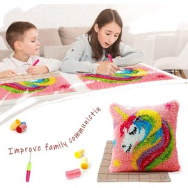 Latch Hook Unicorn Cushion Kits, DIY Latch Hook Unicorn Pillowcase Embroidery Kits for Beginners Adults Kids, Latch Hook Cushion Cover Needlework Crafts for Home Decor, Unicorn, 43 X 43 cm - Unicorn