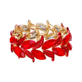 BriLove Wedding Bridal Jewelry for Women Fashion Marquise-Shape Leaf Red Rhinestone Crystal Stretch Bracelet Ruby Color Gold-Toned