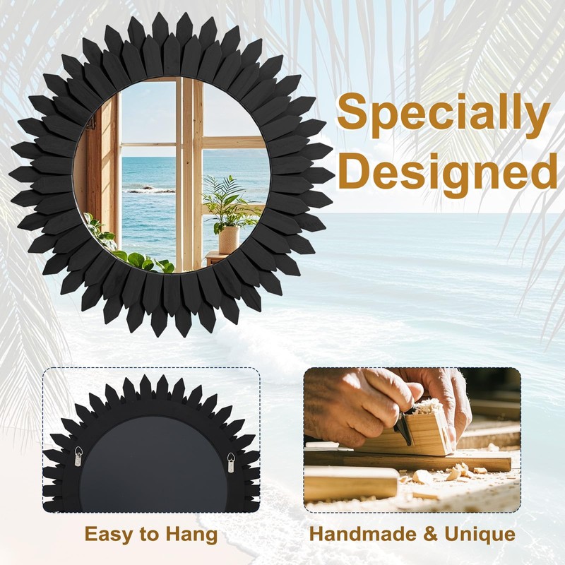 VETROVUE 24 Inch Black Boho Wall Decor Sunburst Mirror -