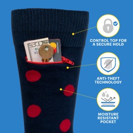 Pocket Socks Novelty Dress Socks for Men & Women - Anti Pickpocket Socks w/a Hidden Pocket - Large Casual Crew Socks Set for Men Shoe Size 8.5-12 (Navy Dot & Navy, Pack of 2)