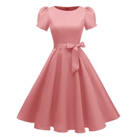 tagunop Women's Boatneck Vintage 1950s Cocktail Party Dress with Puff Sleeves Blush Pink M