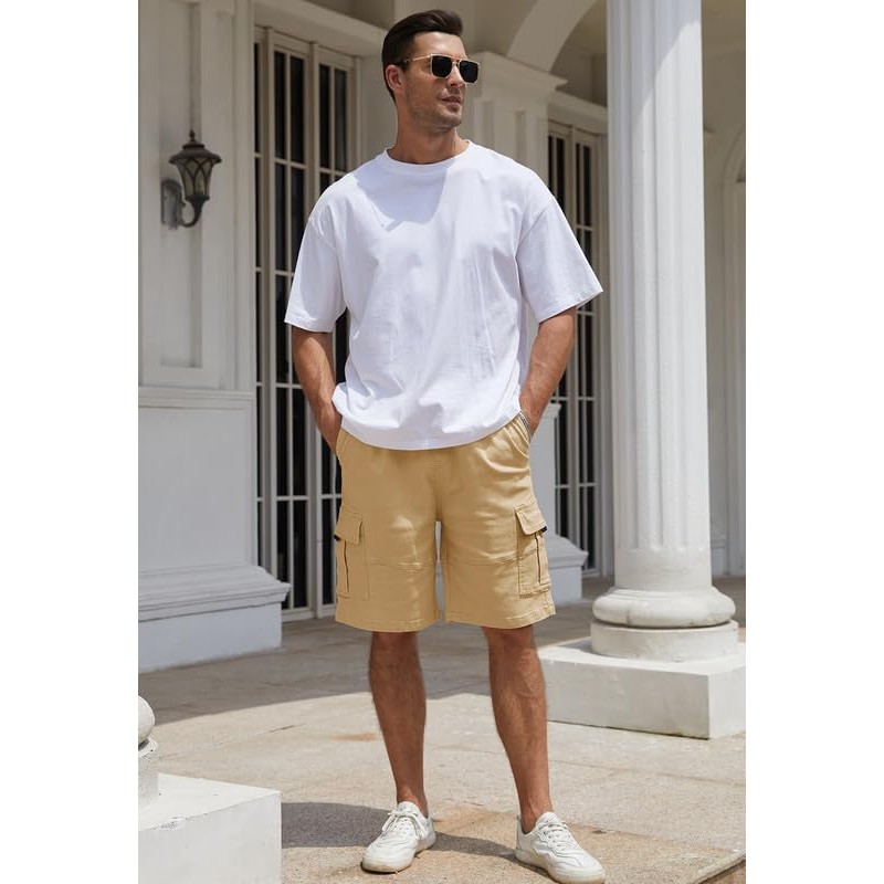 WICUSION Mens Twill Cargo Shorts Stretch Cotton Elastic Waist Multi-Pockets
