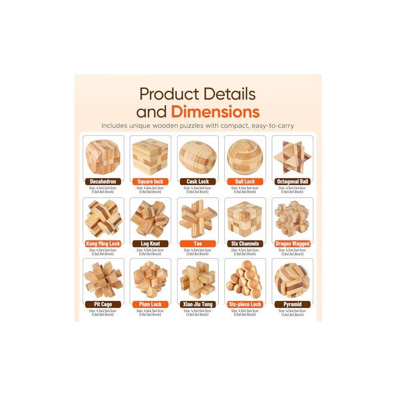 Wooden Brain Teaser Puzzles, 12pcs 3D Brain Teasers for Adults