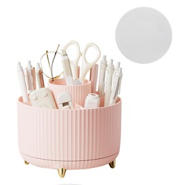 Vilike 360° Pencil Pen Holder for Desk, Rotating Desk Organiser, Spinning Pen Pot with 5 Slots, Stationery Organiser for Home, Office, School, Plastic Makeup Brush Holder(Pink)