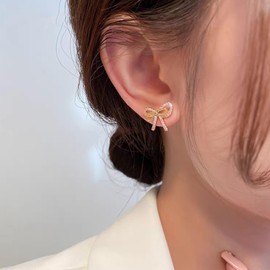 Bow Earrings for Women Gold Bow Earrings Ribbon Earrings Sparkling Rhinestone Bow Tassel Earrings for Women Cute Bow Earrings Long Tassel Drop Earrings Wedding Christmas Jewelry Gifts Stocking Stuffers