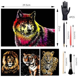 Annickee 8Pcs Scratch Art Paper, Animals Rainbow Painting Sketch, Rainbow Scratch Notes with 7 Tools and 4 Gloves, Scratch Art for Adults, Animal Series Scratch Art Adults