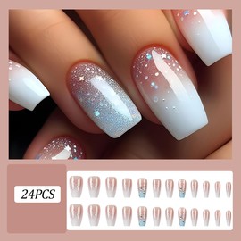 Glitter Press on Nails Coffin Fake Nails Short Ballet Style Nail Art Simple False Nail Stick on Nails Reusable Wearable Nails Nude Nail for Women Daily Nail Decoration Accessories