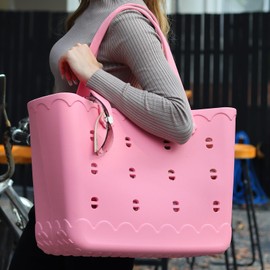 LiAYiD Rubber Beach Tote Bag Waterproof Tip-Proof Outdoor Tote Bag for the Beach Boat Pool Sports (Pale Pink, Large)