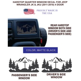 Compatible with Jeep Wrangler JK & JKU (4 Door) 2011 – 2018 | Precut Cross Mountain Forest Window Decals | Proudly Made in The USA | Matte Black (Cross Mountain)