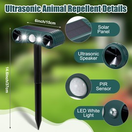 Qualirey 2 Pcs Solar Nocturnal Ultrasonic Light Animal Repeller Outdoor Deterrent with Pir Sensor Waterproof Deterrent Deer Repellent Devices to Repel Cat, Dog, Rabbit, Raccoon, Fox for Yard Garden