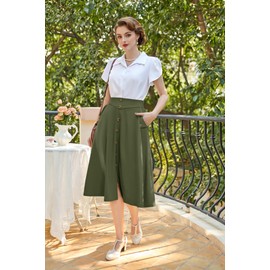 Pleated Midi Skirt Vintage A Line Skirts for Women Elastic Waist Skirt Summer Skater Skirt Army Green S