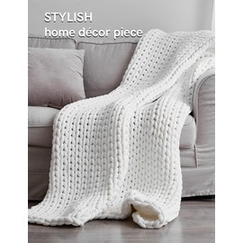 YnM Chunky Throw Blanket, Medium-Weight, Hand Knitted, Skin Friendly, Ventilated and Breathable, Machine Washable, Home Décor Piece for Couch, Sofa and Bed (White, 50x70 Inch)