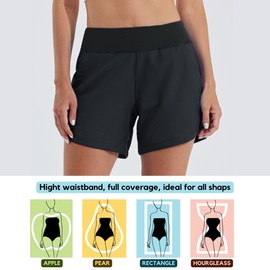 WILLIT Women's 5 Inch Swimming Shorts Board Shorts UPF 50+ Swimming Trunks High Waisted Swimming Shorts Swimming Trunks Quick Drying UVA Protection with Liner Pockets, black