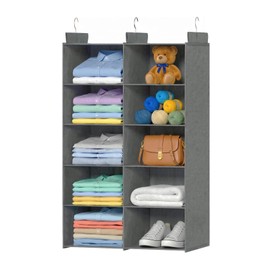ALLTIDYUP Grey 5-Tier Hanging Closet Storage Organizer - Space-Saving Dual-Row Foldable Shelves with 3 Hooks, Wardrobe Organizer for Dorm, Bedroom, Clothes and Accessories