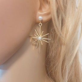 Big Star burst Earrings in Gold Color and Faux Pearls, Fireworks stud and Dangle Earrings for Women and Girls