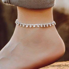 Yheakne Vintage Crystal Dangle Ankle Bracelet Silver Rhinestone Drop Anklet Bracelets Paved Cz Chain Anklet Sparkling Tennis Foot Chain Jewellery for Women and Girls