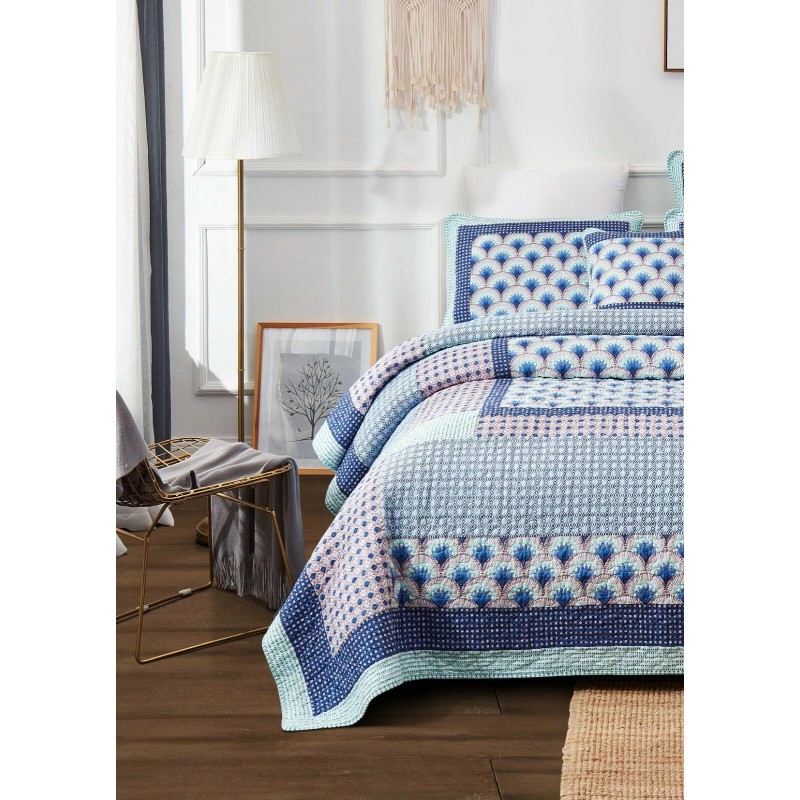 DaDa Bedding Mediterranean Fans Nautical Minty Blue Patchwork Bedspread Set