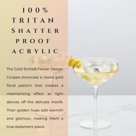 Vintage Ginko Leaf Decal Champagne Coupe | Set of 2 | 13 OZ, Dancing Golden Flower Etched Design, Floral Cocktail Glassware - Martini, Champagne, Sidecar, Wine - Regal Vine Leaf Design, Gifts for Her